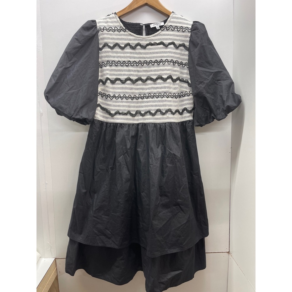 Polagram Womens Black White Zigzag Embroidered Puff Sleeve Tiered Mini Dress L